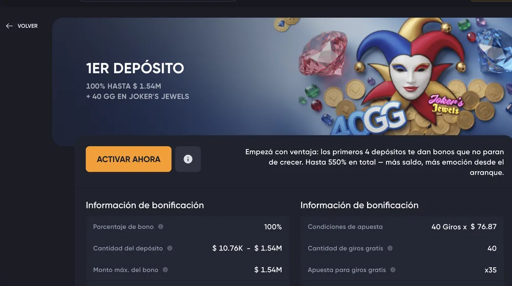 Primer depósito en Spinarium: 100% hasta $1,54 millones + 40 giros en Joker's Jewels