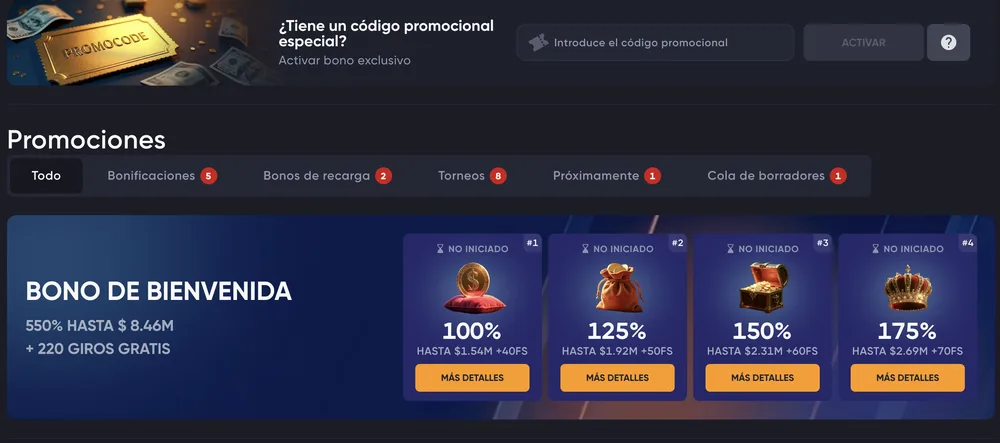 Promociones de Spinarium: bono de bienvenida 550% hasta $8,46 millones + 220 giros en cuatro depósitos