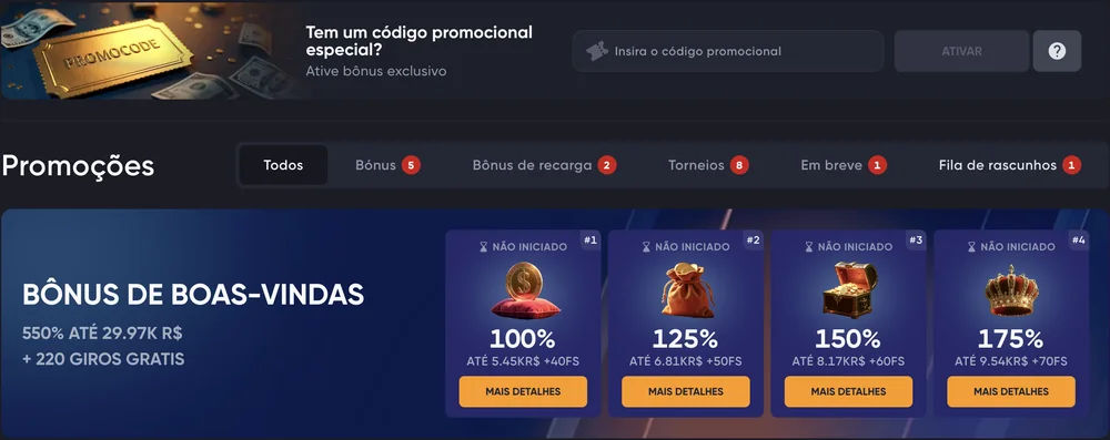 Promoções da Spinarium em reais: bônus de boas-vindas de 550% até R$ 29,97 mil + 220 giros em quatro cartões e o campo de código promocional